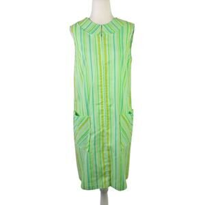 Vintage 60s Sears Perma-Prest Green Striped Mini House Dress S